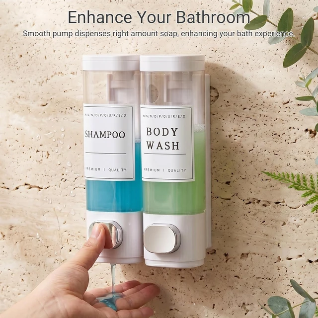 Alt view image 3 of 7 - Shampoo and Conditioner Dispenser, Shower Soap Dispenser Wall Mounted, Shampoo Dispenser for Shower Wall No Drill, Bathroom Body Wash Dispenser 2 * 350ml White 2 Chamber