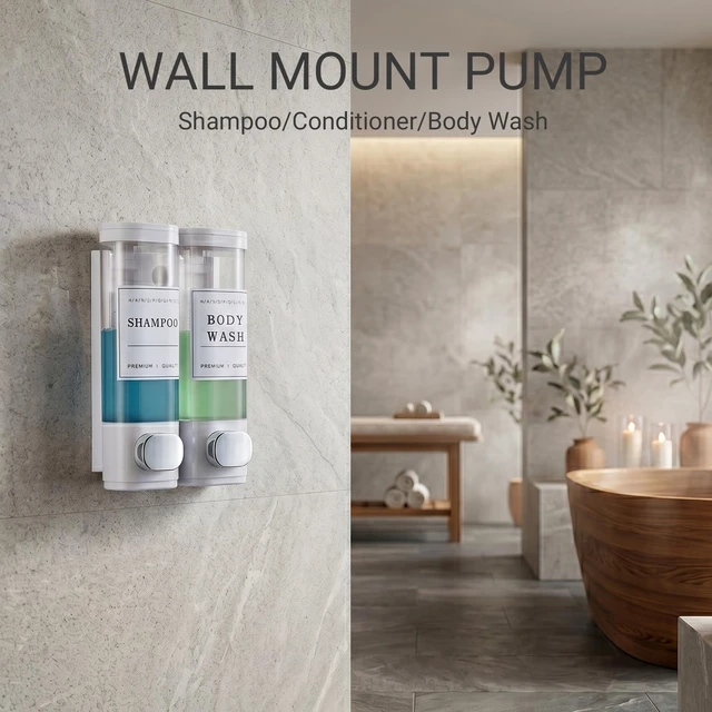 Alt view image 4 of 7 - Shampoo and Conditioner Dispenser, Shower Soap Dispenser Wall Mounted, Shampoo Dispenser for Shower Wall No Drill, Bathroom Body Wash Dispenser 2 * 350ml White 2 Chamber