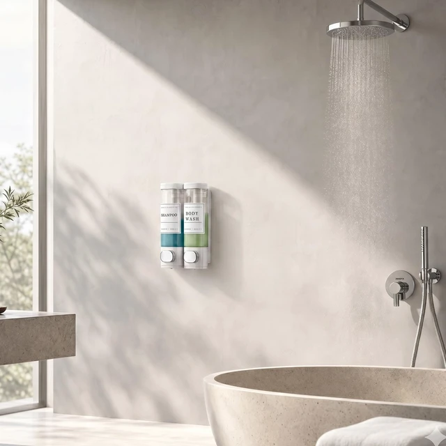 Alt view image 6 of 7 - Shampoo and Conditioner Dispenser, Shower Soap Dispenser Wall Mounted, Shampoo Dispenser for Shower Wall No Drill, Bathroom Body Wash Dispenser 2 * 350ml White 2 Chamber