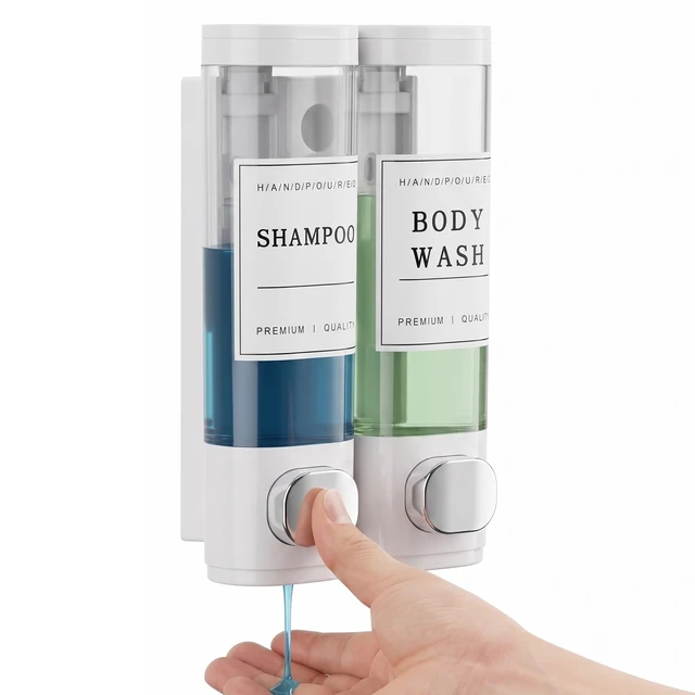 Alt view image 7 of 7 - Shampoo and Conditioner Dispenser, Shower Soap Dispenser Wall Mounted, Shampoo Dispenser for Shower Wall No Drill, Bathroom Body Wash Dispenser 2 * 350ml White 2 Chamber