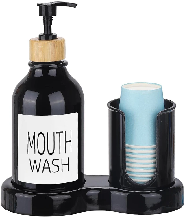Main image of Mouthwash Dispenser for Bathroom, 16oz Plastic Mouthwash Dispenser with Cup Holder and Tray Mouth Wash Bottle Container - Black