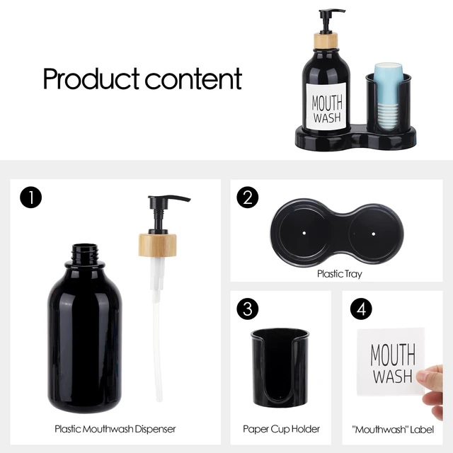 Alt view image 2 of 7 - Mouthwash Dispenser for Bathroom, 16oz Plastic Mouthwash Dispenser with Cup Holder and Tray Mouth Wash Bottle Container - Black