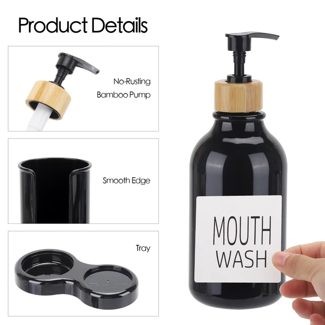 Alt view image 3 of 7 - Mouthwash Dispenser for Bathroom, 16oz Plastic Mouthwash Dispenser with Cup Holder and Tray Mouth Wash Bottle Container - Black