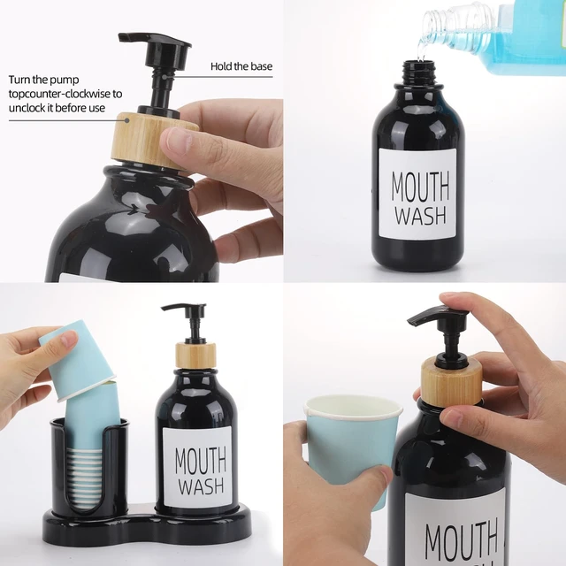 Alt view image 4 of 7 - Mouthwash Dispenser for Bathroom, 16oz Plastic Mouthwash Dispenser with Cup Holder and Tray Mouth Wash Bottle Container - Black