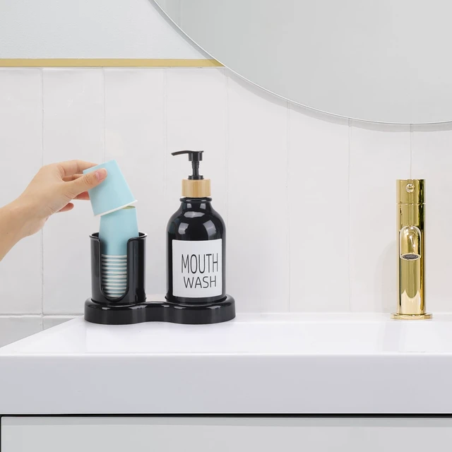 Alt view image 5 of 7 - Mouthwash Dispenser for Bathroom, 16oz Plastic Mouthwash Dispenser with Cup Holder and Tray Mouth Wash Bottle Container - Black