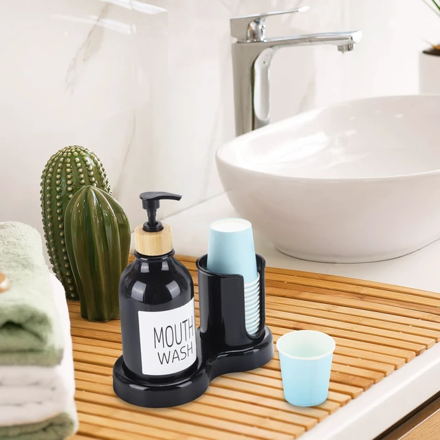 Alt view image 6 of 7 - Mouthwash Dispenser for Bathroom, 16oz Plastic Mouthwash Dispenser with Cup Holder and Tray Mouth Wash Bottle Container - Black