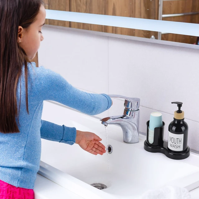 Alt view image 7 of 7 - Mouthwash Dispenser for Bathroom, 16oz Plastic Mouthwash Dispenser with Cup Holder and Tray Mouth Wash Bottle Container - Black