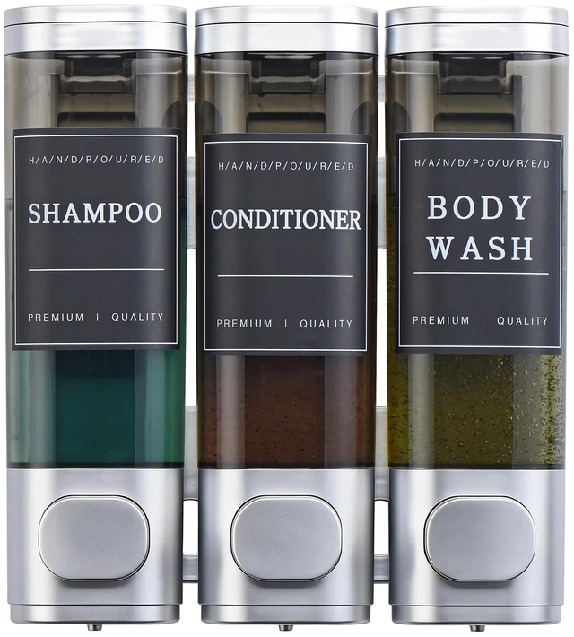 Main image of Shampoo and Conditioner Dispenser,Shower Soap Dispenser 3 Chamber No Drill Wall-Mounted for Bathroom & Hotel Leak-Proof Pumps, for Thick Liquids Like Conditioner - 1050ML High Capacity, Silver
