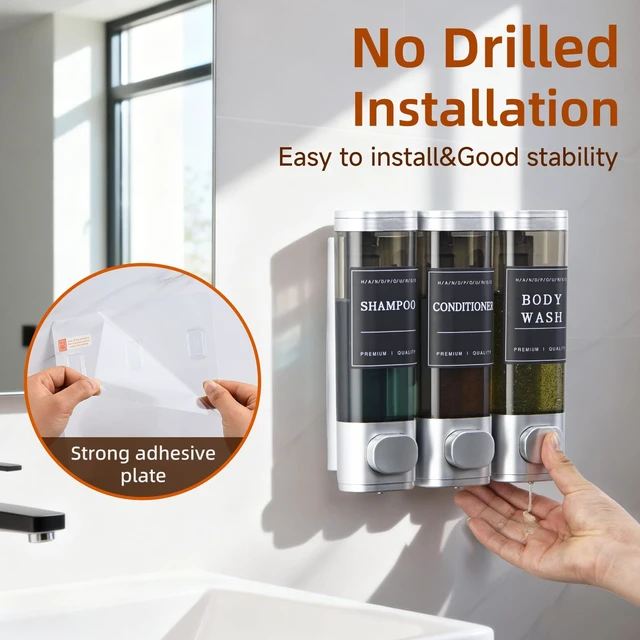 Alt view image 4 of 7 - Shampoo and Conditioner Dispenser,Shower Soap Dispenser 3 Chamber No Drill Wall-Mounted for Bathroom & Hotel Leak-Proof Pumps, for Thick Liquids Like Conditioner - 1050ML High Capacity, Silver