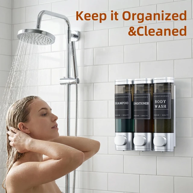 Alt view image 5 of 7 - Shampoo and Conditioner Dispenser,Shower Soap Dispenser 3 Chamber No Drill Wall-Mounted for Bathroom & Hotel Leak-Proof Pumps, for Thick Liquids Like Conditioner - 1050ML High Capacity, Silver