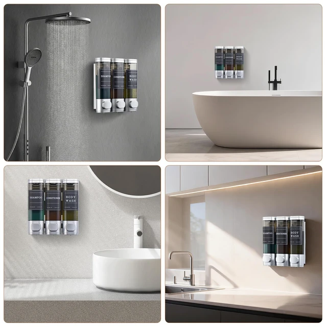Alt view image 7 of 7 - Shampoo and Conditioner Dispenser,Shower Soap Dispenser 3 Chamber No Drill Wall-Mounted for Bathroom & Hotel Leak-Proof Pumps, for Thick Liquids Like Conditioner - 1050ML High Capacity, Silver