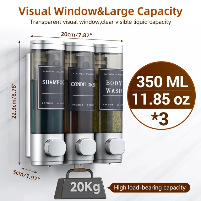 Alt view image 6 of 7 - Shampoo and Conditioner Dispenser,Shower Soap Dispenser 3 Chamber No Drill Wall-Mounted for Bathroom & Hotel Leak-Proof Pumps, for Thick Liquids Like Conditioner - 1050ML High Capacity, Silver