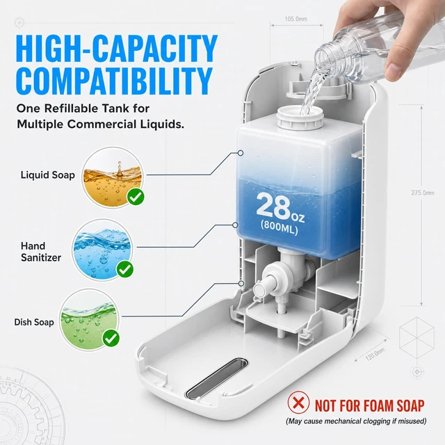 Alt view image 2 of 7 - Commercial Hand Soap Dispenser Wall Mount | Dual-Lock Design, ABS Liquid & Gel Hand Sanitizer Dispenser for Bathroom & Commercial Restaurant, 28oz/800ml