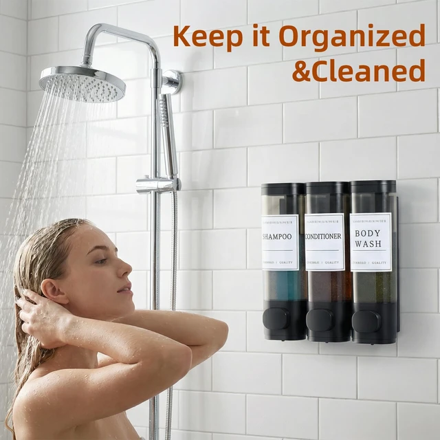 Alt view image 4 of 7 - Shampoo and Conditioner Dispenser,Shower Soap Dispenser 3 Chamber No Drill Wall-Mounted Shampoo Dispenser for Shower Wall Mounted Shower Dispenser for Bathroom Hotel Large Capacity,Matte Black