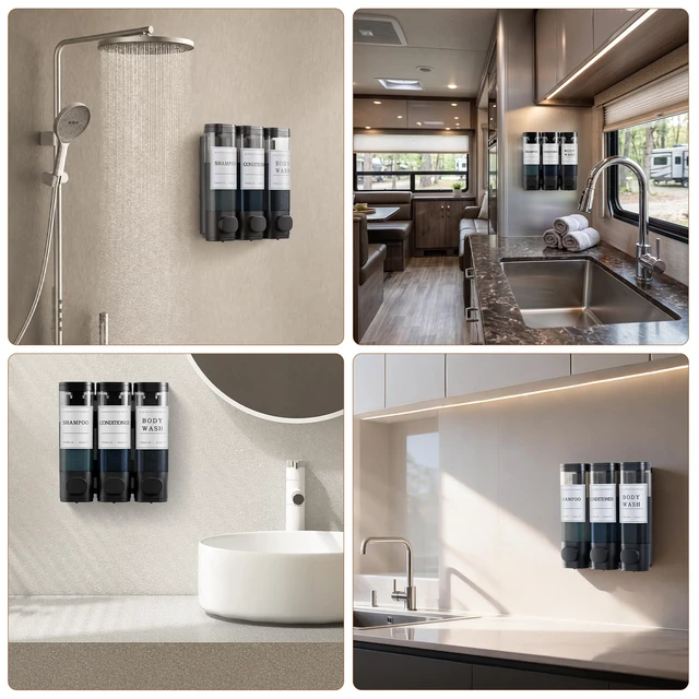 Alt view image 2 of 7 - Shampoo and Conditioner Dispenser,Shower Soap Dispenser 3 Chamber No Drill Wall-Mounted Shampoo Dispenser for Shower Wall Mounted Shower Dispenser for Bathroom Hotel Large Capacity,Matte Black