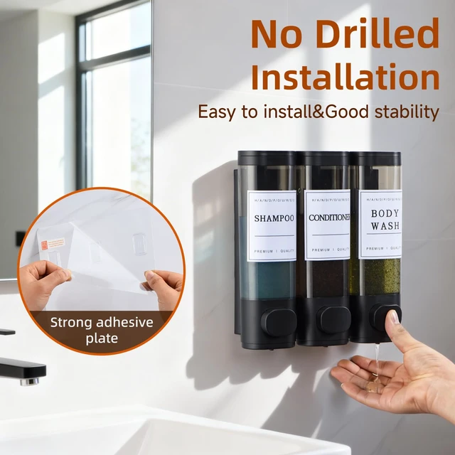 Alt view image 5 of 7 - Shampoo and Conditioner Dispenser,Shower Soap Dispenser 3 Chamber No Drill Wall-Mounted Shampoo Dispenser for Shower Wall Mounted Shower Dispenser for Bathroom Hotel Large Capacity,Matte Black
