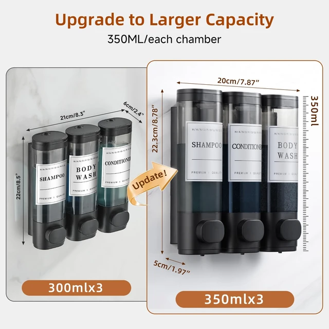 Alt view image 7 of 7 - Shampoo and Conditioner Dispenser,Shower Soap Dispenser 3 Chamber No Drill Wall-Mounted Shampoo Dispenser for Shower Wall Mounted Shower Dispenser for Bathroom Hotel Large Capacity,Matte Black