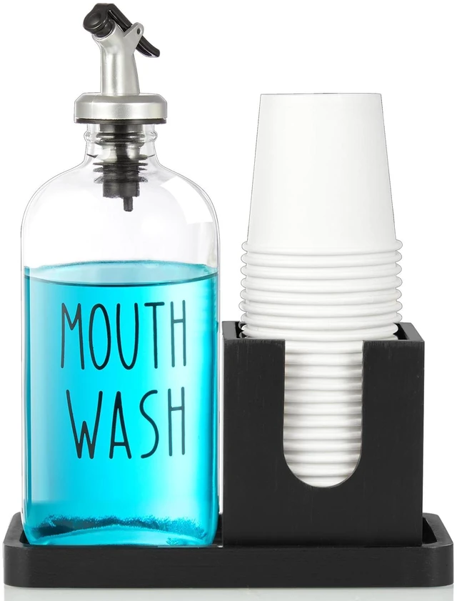 Main image of Glass Mouthwash Dispenser for Bathroom, 16 OZ Mouthwash Dispenser with Pour Spout and Wood Cup Holder and Tray, Mouth Wash Bottle Container, Black Kitchen Bathroom Decor and Accessories