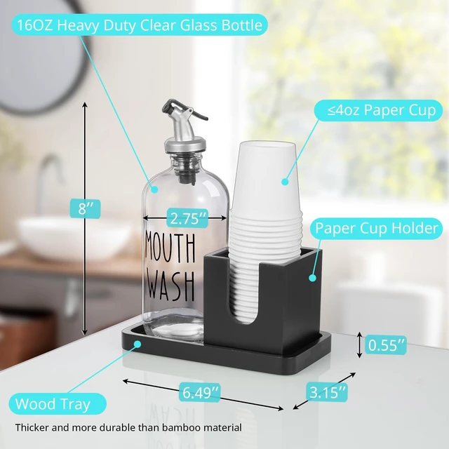 Alt view image 3 of 7 - Glass Mouthwash Dispenser for Bathroom, 16 OZ Mouthwash Dispenser with Pour Spout and Wood Cup Holder and Tray, Mouth Wash Bottle Container, Black Kitchen Bathroom Decor and Accessories