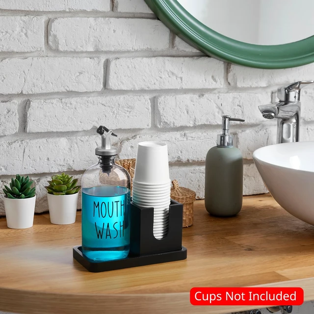 Alt view image 2 of 7 - Glass Mouthwash Dispenser for Bathroom, 16 OZ Mouthwash Dispenser with Pour Spout and Wood Cup Holder and Tray, Mouth Wash Bottle Container, Black Kitchen Bathroom Decor and Accessories