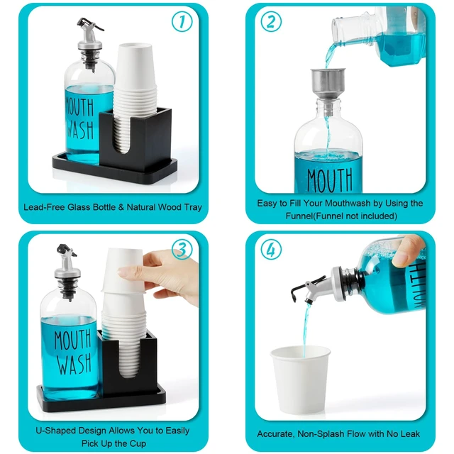 Alt view image 5 of 7 - Glass Mouthwash Dispenser for Bathroom, 16 OZ Mouthwash Dispenser with Pour Spout and Wood Cup Holder and Tray, Mouth Wash Bottle Container, Black Kitchen Bathroom Decor and Accessories