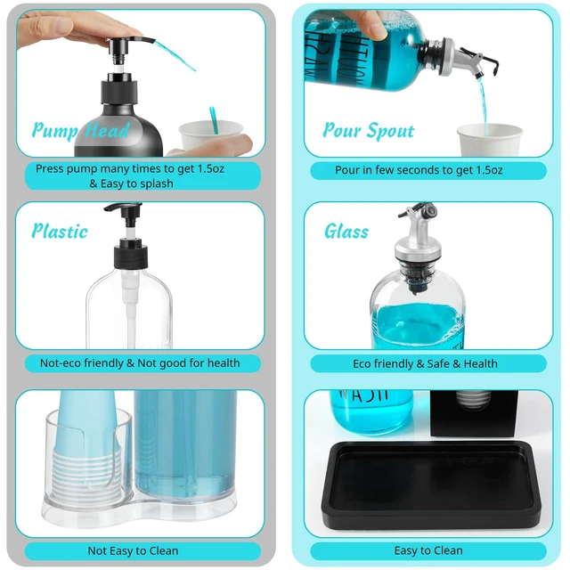 Alt view image 4 of 7 - Glass Mouthwash Dispenser for Bathroom, 16 OZ Mouthwash Dispenser with Pour Spout and Wood Cup Holder and Tray, Mouth Wash Bottle Container, Black Kitchen Bathroom Decor and Accessories