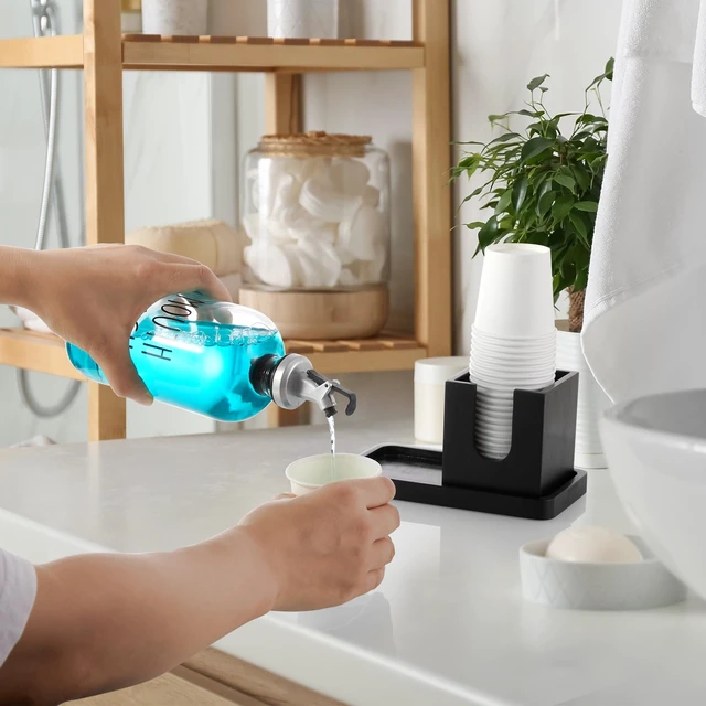 Alt view image 6 of 7 - Glass Mouthwash Dispenser for Bathroom, 16 OZ Mouthwash Dispenser with Pour Spout and Wood Cup Holder and Tray, Mouth Wash Bottle Container, Black Kitchen Bathroom Decor and Accessories
