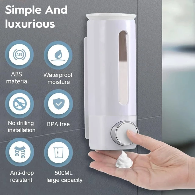 Alt view image 3 of 7 - Soap Dispenser Wall Mount 17oz Drill Free ABS Hand Soap Shower Dispenser with Adhesive and Screws No Leakage Shampoo and Conditioner Dispenser Large Capacity for Bathroom Kitchen-White,1PACK