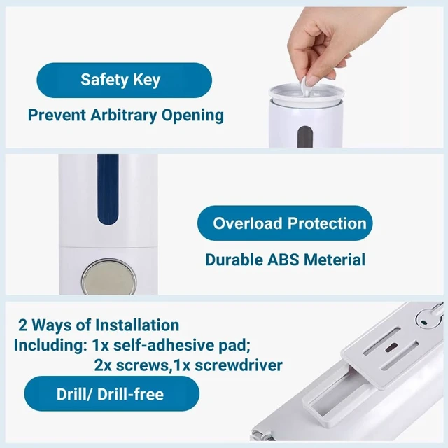 Alt view image 4 of 7 - Soap Dispenser Wall Mount 17oz Drill Free ABS Hand Soap Shower Dispenser with Adhesive and Screws No Leakage Shampoo and Conditioner Dispenser Large Capacity for Bathroom Kitchen-White,1PACK