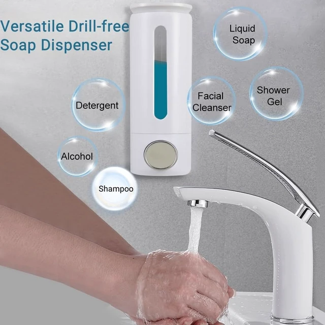 Alt view image 6 of 7 - Soap Dispenser Wall Mount 17oz Drill Free ABS Hand Soap Shower Dispenser with Adhesive and Screws No Leakage Shampoo and Conditioner Dispenser Large Capacity for Bathroom Kitchen-White,1PACK