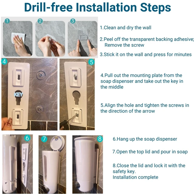 Alt view image 7 of 7 - Soap Dispenser Wall Mount 17oz Drill Free ABS Hand Soap Shower Dispenser with Adhesive and Screws No Leakage Shampoo and Conditioner Dispenser Large Capacity for Bathroom Kitchen-White,1PACK