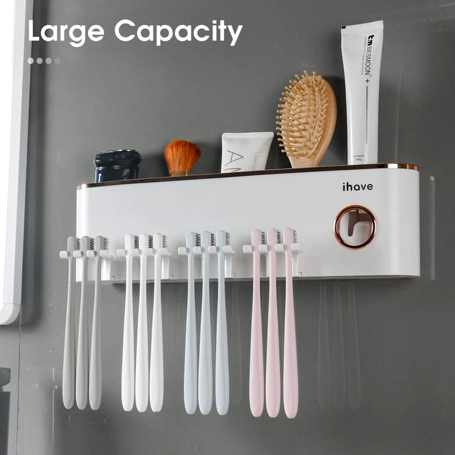 Alt view image 2 of 7 - Toothbrush Holders for Bathrooms Wall Mounted with Dispenser & 4 Cups | 12 Slots Wall Mount Toothbrush Holders for Bathrooms with Squeeze Toothpaste Dispenser, 4 Cups & 4 Compartments Organizer