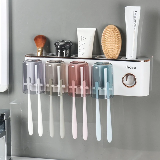 Main image of Toothbrush Holders for Bathrooms Wall Mounted with Dispenser & 4 Cups | 12 Slots Wall Mount Toothbrush Holders for Bathrooms with Squeeze Toothpaste Dispenser, 4 Cups & 4 Compartments Organizer