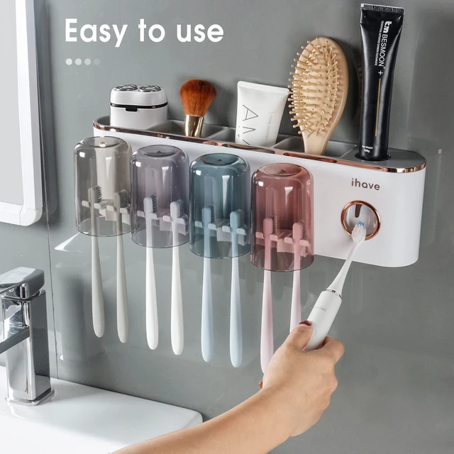 Alt view image 3 of 7 - Toothbrush Holders for Bathrooms Wall Mounted with Dispenser & 4 Cups | 12 Slots Wall Mount Toothbrush Holders for Bathrooms with Squeeze Toothpaste Dispenser, 4 Cups & 4 Compartments Organizer