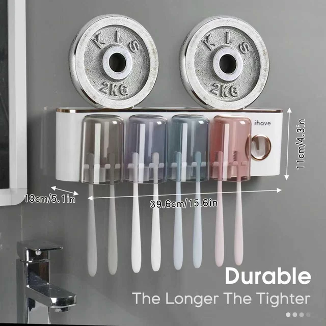 Alt view image 4 of 7 - Toothbrush Holders for Bathrooms Wall Mounted with Dispenser & 4 Cups | 12 Slots Wall Mount Toothbrush Holders for Bathrooms with Squeeze Toothpaste Dispenser, 4 Cups & 4 Compartments Organizer