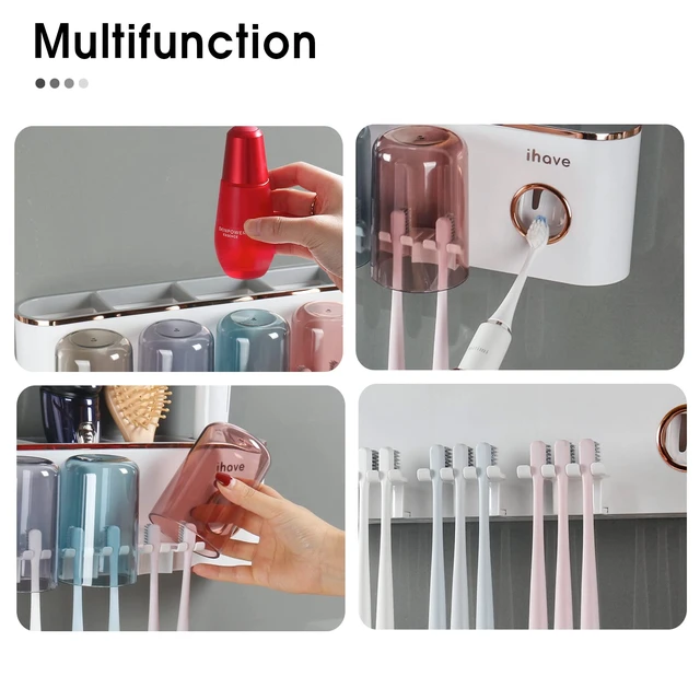 Alt view image 7 of 7 - Toothbrush Holders for Bathrooms Wall Mounted with Dispenser & 4 Cups | 12 Slots Wall Mount Toothbrush Holders for Bathrooms with Squeeze Toothpaste Dispenser, 4 Cups & 4 Compartments Organizer