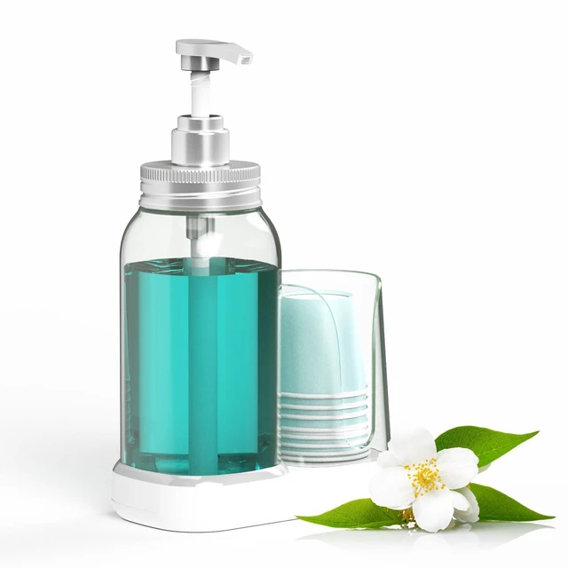 Main image of Mouthwash Dispenser for Bathroom, 25oz Mouthwash Pump Bottle with Cup Holder, Refillable Clear Blue Mouth Wash Container for All Age Groups, Large Capacity Bathroom Mouthwash Holder Set