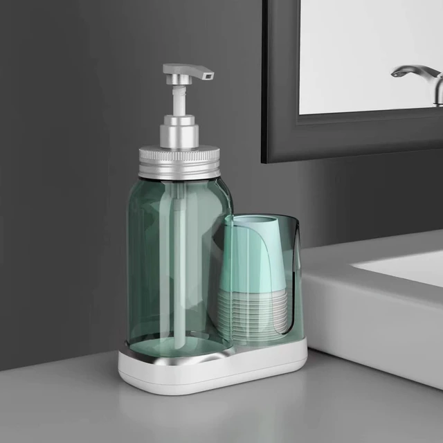 Alt view image 2 of 7 - Mouthwash Dispenser for Bathroom, 25oz Mouthwash Pump Bottle with Cup Holder, Refillable Clear Blue Mouth Wash Container for All Age Groups, Large Capacity Bathroom Mouthwash Holder Set