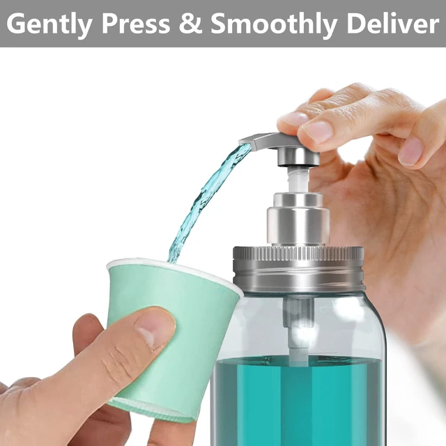 Alt view image 4 of 7 - Mouthwash Dispenser for Bathroom, 25oz Mouthwash Pump Bottle with Cup Holder, Refillable Clear Blue Mouth Wash Container for All Age Groups, Large Capacity Bathroom Mouthwash Holder Set