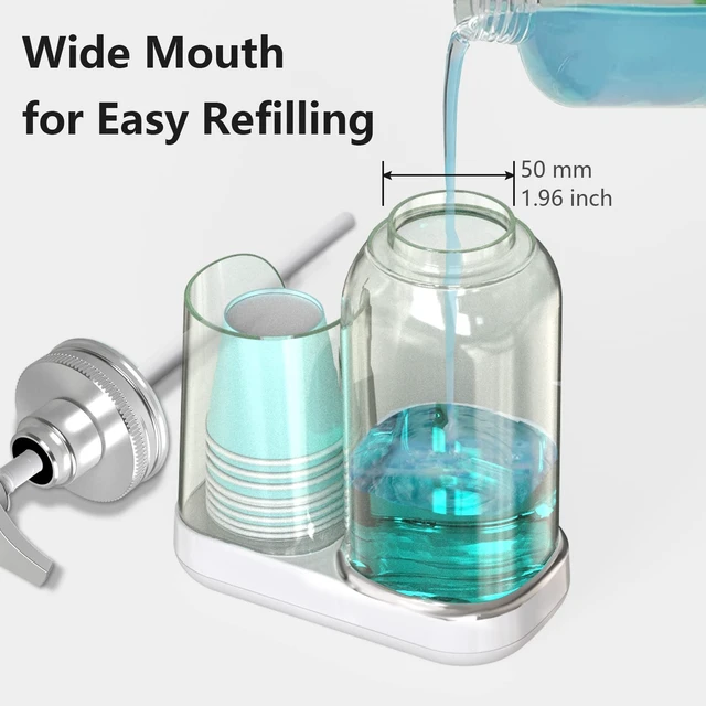 Alt view image 6 of 7 - Mouthwash Dispenser for Bathroom, 25oz Mouthwash Pump Bottle with Cup Holder, Refillable Clear Blue Mouth Wash Container for All Age Groups, Large Capacity Bathroom Mouthwash Holder Set