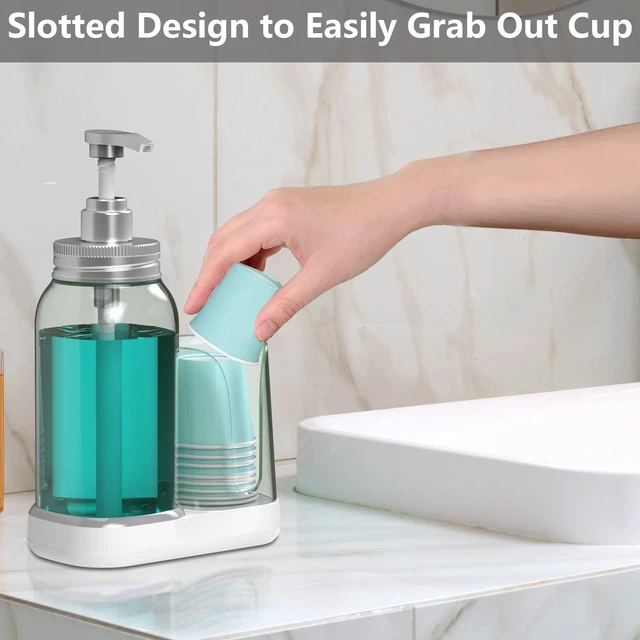 Alt view image 5 of 7 - Mouthwash Dispenser for Bathroom, 25oz Mouthwash Pump Bottle with Cup Holder, Refillable Clear Blue Mouth Wash Container for All Age Groups, Large Capacity Bathroom Mouthwash Holder Set