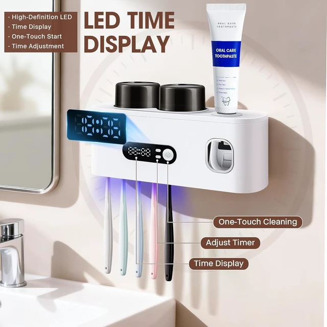Alt view image 2 of 6 - Toothbrush Holder with UV Sanitizer and Toothpaste Dispenser, Timer Display with Wall Mounted Smart Toothbrush Organizer for Bathroom, with 2 Cups and Automatic Sterilization Function, White