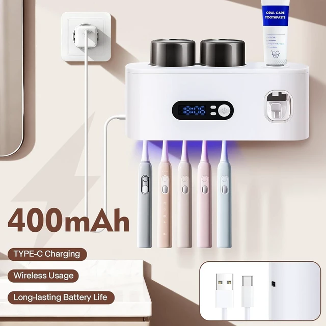 Alt view image 3 of 6 - Toothbrush Holder with UV Sanitizer and Toothpaste Dispenser, Timer Display with Wall Mounted Smart Toothbrush Organizer for Bathroom, with 2 Cups and Automatic Sterilization Function, White