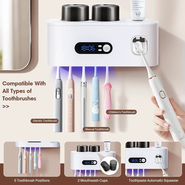 Alt view image 5 of 6 - Toothbrush Holder with UV Sanitizer and Toothpaste Dispenser, Timer Display with Wall Mounted Smart Toothbrush Organizer for Bathroom, with 2 Cups and Automatic Sterilization Function, White