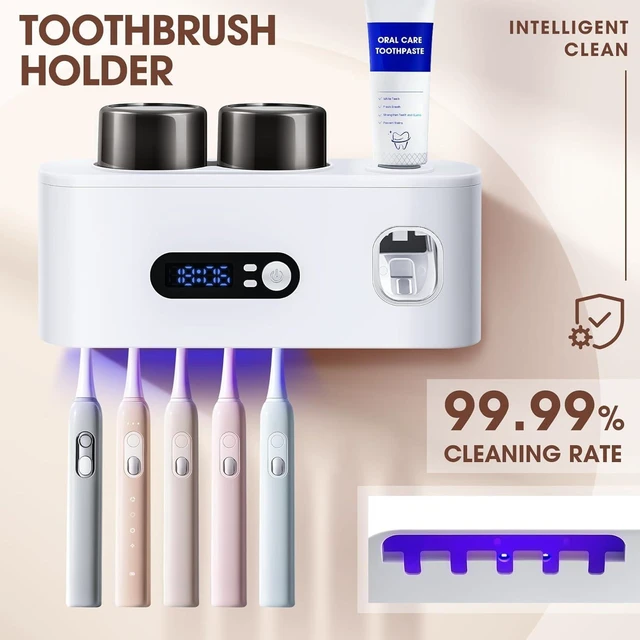 Alt view image 6 of 6 - Toothbrush Holder with UV Sanitizer and Toothpaste Dispenser, Timer Display with Wall Mounted Smart Toothbrush Organizer for Bathroom, with 2 Cups and Automatic Sterilization Function, White