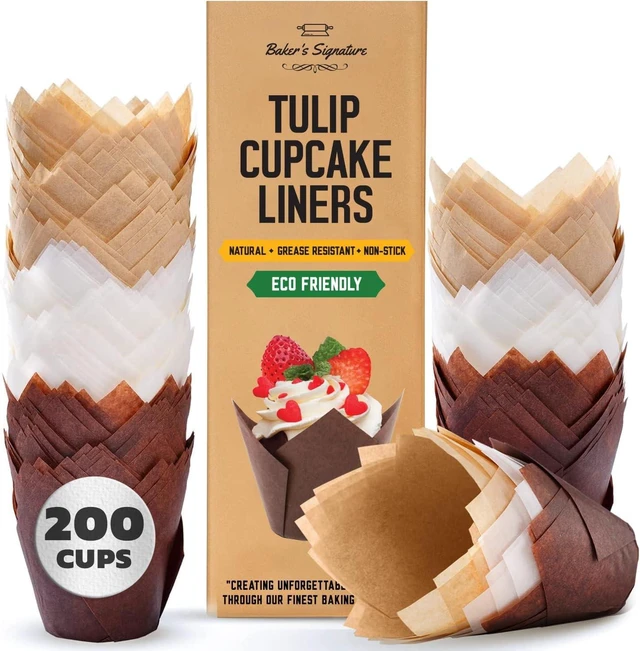 Main image of Tulip Cupcake Liners 200 Pcs, Parchment Paper Muffin Cups for Baking | Greaseproof & sturdy wrappers with easy release; natural wood pulp in beige, white & brown