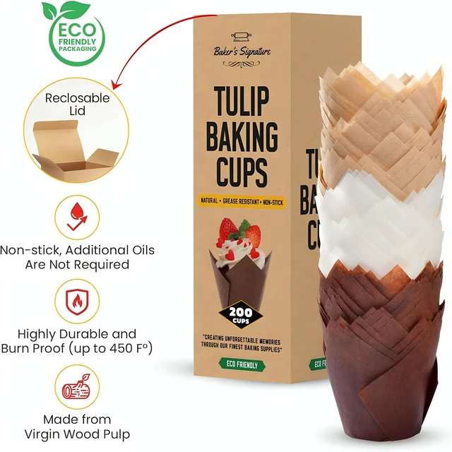 Alt view image 4 of 6 - Tulip Cupcake Liners 200 Pcs, Parchment Paper Muffin Cups for Baking | Greaseproof & sturdy wrappers with easy release; natural wood pulp in beige, white & brown