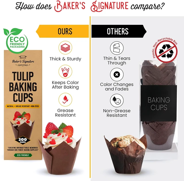 Alt view image 5 of 6 - Tulip Cupcake Liners 200 Pcs, Parchment Paper Muffin Cups for Baking | Greaseproof & sturdy wrappers with easy release; natural wood pulp in beige, white & brown