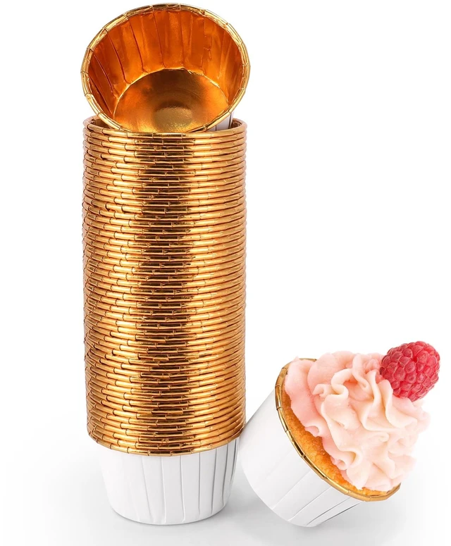 Main image of White and Gold Foil Cupcake Liners,100 pcs Disposable Muffin Liners 3.5 Oz Wrappers for Baking, Metallic Muffin Paper Cases Baking Cups, Wedding Party, Mother's Day Cupcake Liners