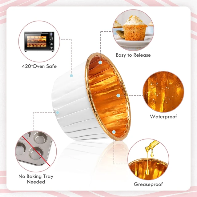 Alt view image 3 of 7 - White and Gold Foil Cupcake Liners,100 pcs Disposable Muffin Liners 3.5 Oz Wrappers for Baking, Metallic Muffin Paper Cases Baking Cups, Wedding Party, Mother's Day Cupcake Liners